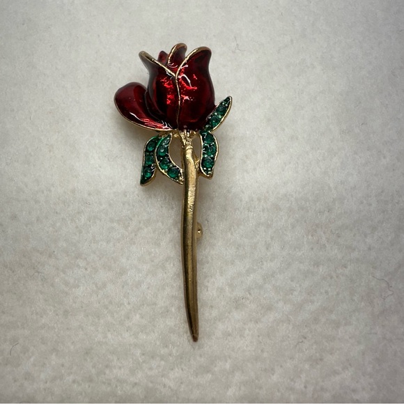 Vintage Red Enamel Rose Gold Tone with Green Rhinestones Brooch Pin - Picture 2 of 5